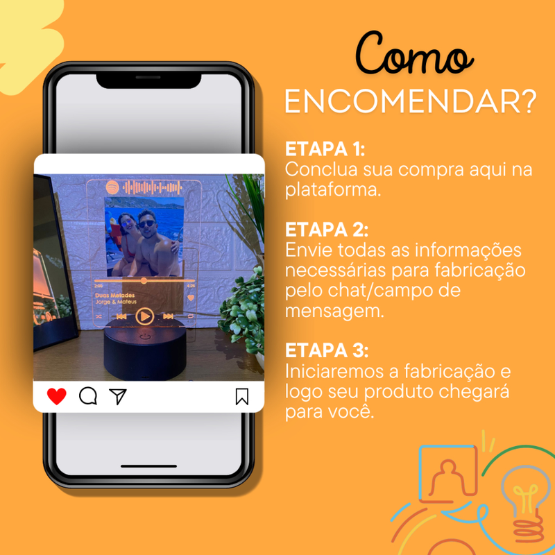 Porta Retrato Luminária Dia dos Namorados Spotify Personalizada Casal Presente LED Branco Quente