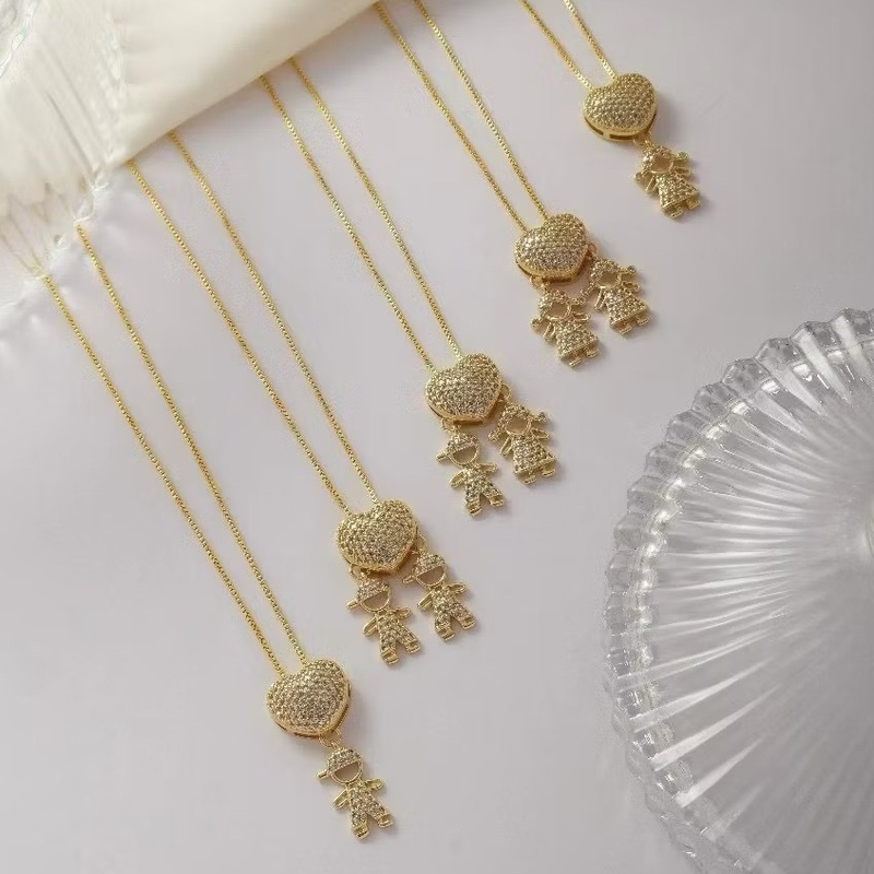 Colar de filhos coração cravejado casal menino menina dois meninos duas meninas banhado a ouro 18k a prata 925