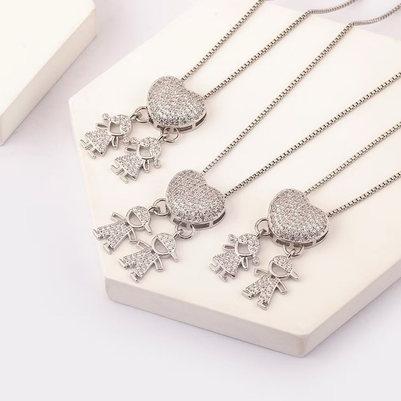 Colar de filhos coração cravejado casal menino menina dois meninos duas meninas banhado a ouro 18k a prata 925